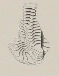 an abstract drawing of a vase with wavy lines on the bottom and sides, against a light gray background