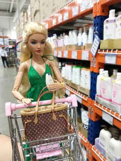 a barbie doll is riding in a shopping cart with a brown purse on it's handle