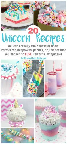 the cover of unicorn recipes is shown with pictures of cakes and cupcakes