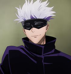 a man with white hair wearing a black mask and purple hoodie, looking at the camera