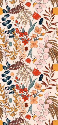 a pink and orange floral wallpaper with lots of leaves