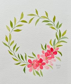 a watercolor painting of red flowers and green leaves in a circle on white paper