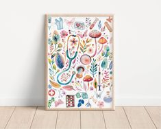 an art print with colorful flowers and plants on the wall next to a wooden floor