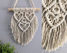 two macrame wall hangings one is white and the other is beige