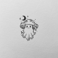 an illustration of a mushroom with a crescent on it's head and stars in the background