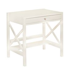 a white desk with a drawer on the bottom and one drawer at the top, in front of a white background