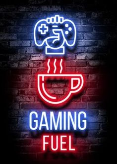 neon gaming fuel sign on a brick wall with the words,'gaming fuel '