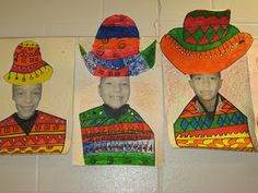 three pictures of people wearing sombreros and hats hanging on a white tiled wall