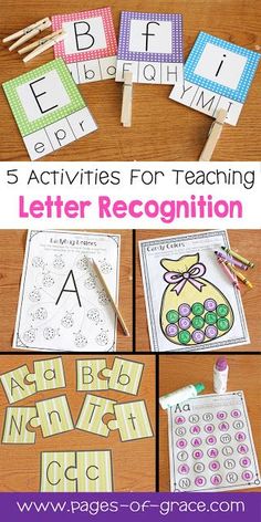 five activities for teaching letter recognition with pictures and text on the front, below them