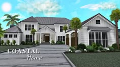 this is an artist's rendering of a coastal home with palm trees and shrubs