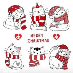 christmas cats with hats, scarfs and mittens are sitting together on the floor