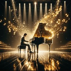 a man sitting at a piano on stage with musical notes coming out of the background