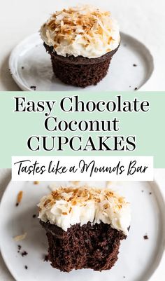 two chocolate cupcakes with coconut on top and the title says easy chocolate coconut cupcakes tastes like a mouss bar