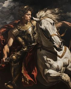 a painting of a man riding on the back of a white horse