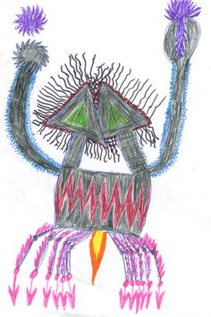 a drawing of a monster with purple flowers on it's head and two hands in the air