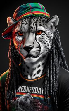 a cheetah with dreadlocks and a hat on