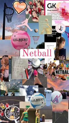 a collage of photos with the words netball in different languages and pictures on them