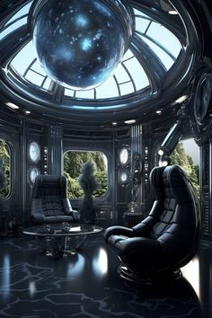 a futuristic living room with large glass windows