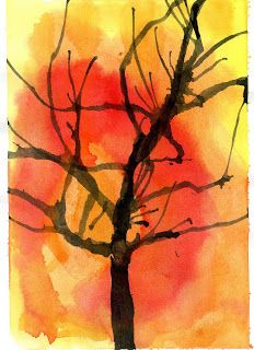 a watercolor painting of a tree with no leaves and the sun in the background