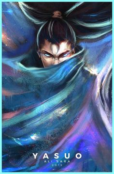 the poster for yasuo is shown in blue and purple