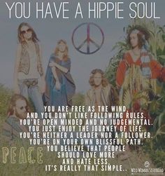 a group of women standing next to each other in front of a peace sign with the words, you have a hippie soul