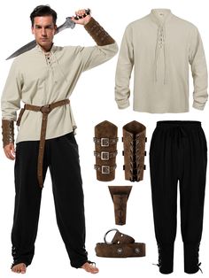 PRICES MAY VARY. Complete Mens Renaissance Costume: 1 cotton retro style long sleeve shirt for medieval, 1 pair of renaissance gothic pants, 1 medieval knight's belt,1 pair of leather buckle wrist guards and 1 leather scabbard Effortless Fit and Style:The pair of men's ankle banded pants creates the ideal halloween costumes men, with an elasticated drawstring waist for a nice fit and adjustable lace up ankles for easy sizing Authentic Renaissance Design:Our renaissance costumes men are made of 1 Viking Costume Men, Mens Viking Costume, Viking Halloween, Viking Halloween Costume, Arrow Holder, Medieval Pirate, Leather Scabbard, Medieval Party, Wrist Guard