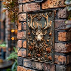 a metal deer head mounted to the side of a brick wall