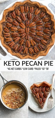 the cover of keto pecan pie is shown in four different photos, including one with