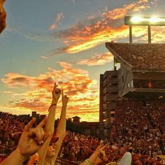 the crowd is watching an event with their hands in the air and one hand up to the sky