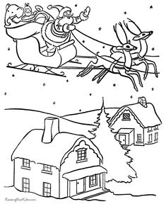 christmas coloring pages with santa sleigh and reindeers in the sky above a house