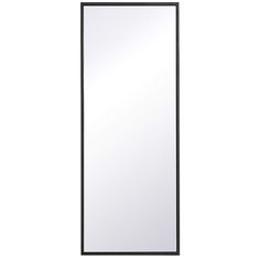 an empty mirror on a white background with black frame and metal trim, in the shape of a rectangle