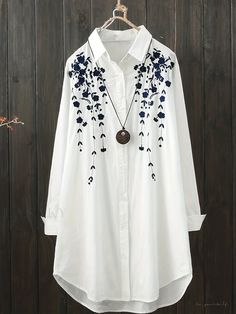 Lasaky - Womens Casual Long Sleeve Polo Collar Top with Floral Pattern - Long Length Spring & Fall Fashion Long White Shirt, Womens Blouses Summer, Print Shirts Women, Blouse Casual Fashion, Straight Clothes, Tunic Tops Casual, Casual Shirt Women, Women Tunic Tops, Loose Shirts