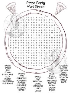 a pizza party word search is shown in the middle of an image with words on it