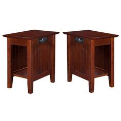 pair of wooden end tables with one drawer open and the other closed on both sides