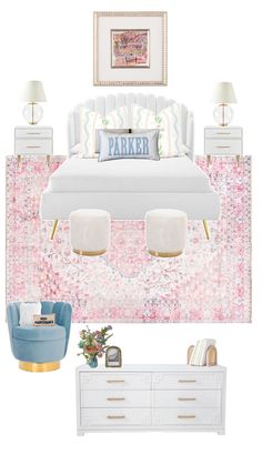 a bedroom with white furniture and pink carpet