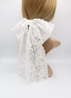 "this is a very big lace hair bow in cream-white not normal wearing but a special event like wedding, photoshoot, and so on floral lace with long tails Steel french barrette applied Size of hair bow (Length *width): 9.05\"*8.66\"=28 cm * 23 cm length of tail : approximately 13.77\"=35 cm Shipping Info the whole package will ship from South Korea via the possible shipping methods. Products will be shipped within a processing time except for Saturday, Sunday, and Korea's holidays. Import duties, t Hair Lace Accessories, Diy Lace Hair Accessories, Lace Vail, 1800s Hair, Bow Wedding Hair, Wedding Hair Bow, Hair Bow Wedding, Hairstyles Designs, Lace Hair Bow