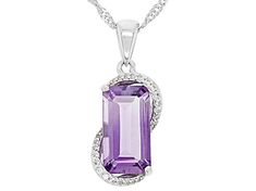 3.00ct Rectangular Octagonal Lavender Amethyst With 0.10ctw Round White Zircon Rhodium Over Sterling Silver Pendant With 18"Singapore Chain. Measures Approximately 1.03"L x 0.44"W. 5mm Bail. Lobster clasp with 2"extender. Accent stones primarily zircon. Luxury Purple Teardrop Pendant Jewelry, Luxury Amethyst Pendant Jewelry, Lavender Amethyst Pendant Jewelry, Luxury Large Amethyst Pendant Jewelry, Nickel-free Purple Pendant Jewelry, Sterling Silver Pendants, Silver Pendant, Lavender, Amethyst