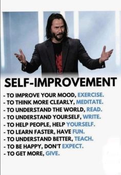 a man standing in front of a sign that says self improvement