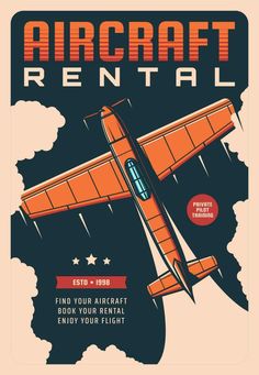 an old style poster with the words aircraft rental written in red and blue on it