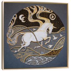 a white horse running through the night sky with stars and swirls on it's back