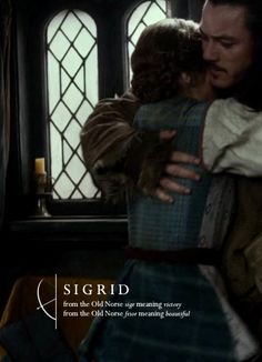 a man and woman embracing each other in front of a window with the words, sigrid written on it