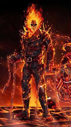 a man standing next to a motorcycle on a fire covered ground with flames in the background