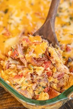 a casserole dish with ham and cheese in it