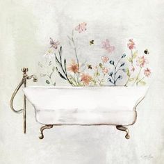 a painting of a bathtub with flowers in it