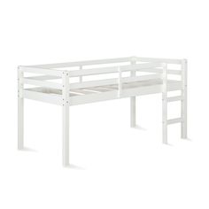 a white bunk bed with ladders on the bottom and bottom part, against a white background