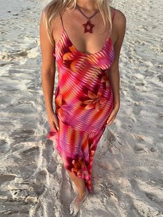 Printed Backless Women's Slip Dresses French Retro Romantic Irregular Hem Ruffles Edges Sexy Summer Caribbean Holiday, Ruffle Summer Dress, Side Split Dress, Number 100, Vestidos Retro, Pink Floral Maxi Dress, Summer Sundress, Strap Dresses, Holiday Beach