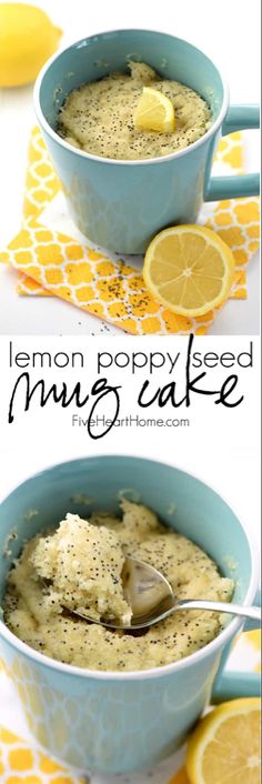 lemon poppy seed muffins in a blue bowl with a spoon on the side