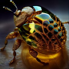 a close up of a bug on a table with other bugs around it and the light reflecting off its body