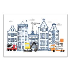 a drawing of trucks and buildings in front of a crane on top of a building