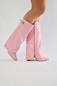 Nude Knee High Boots, Pink Boots Outfit, Pink Knee High Boots, Weird Outfits, Shoe Goals, Pink Cowgirl Boots, Fold Over Boots, Knee High Heels, Pink High Heels